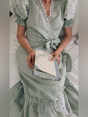 FANM MON Cide Midi Eyelet Trim Mint Green Wrap Dress | S